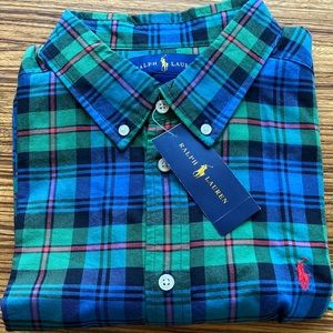 NEW Ralph Lauren Blue Green red Plaid Button Up long sleeve boys XL 18-20 Shirt